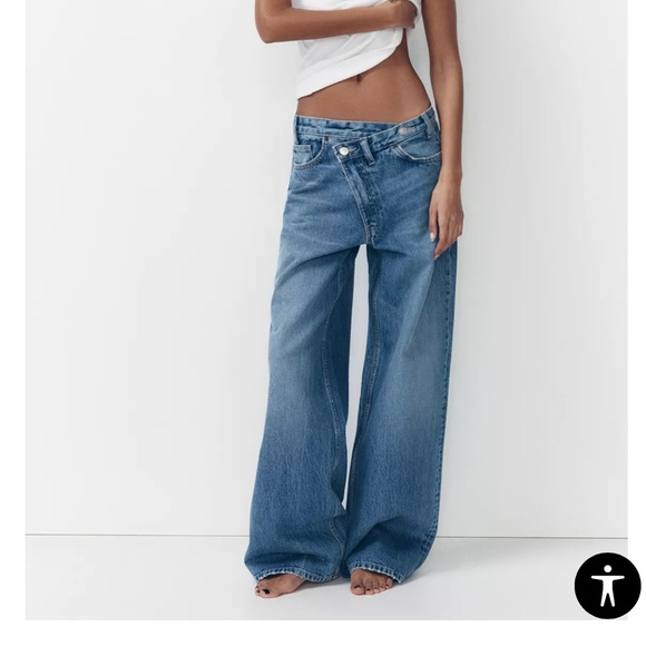 Zara Denim - Zara The High Waist Crossover Waist Wide Leg Full Length Jeans